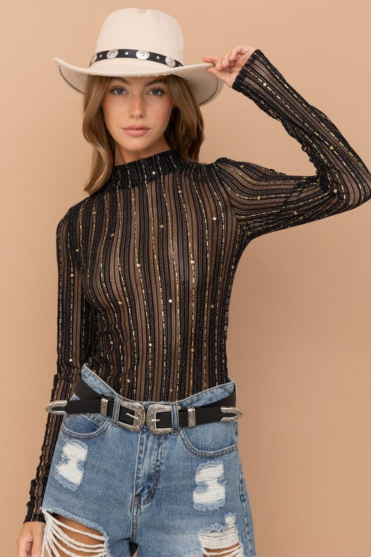 Metallic Star Stripe Mesh Mock Neck  Top