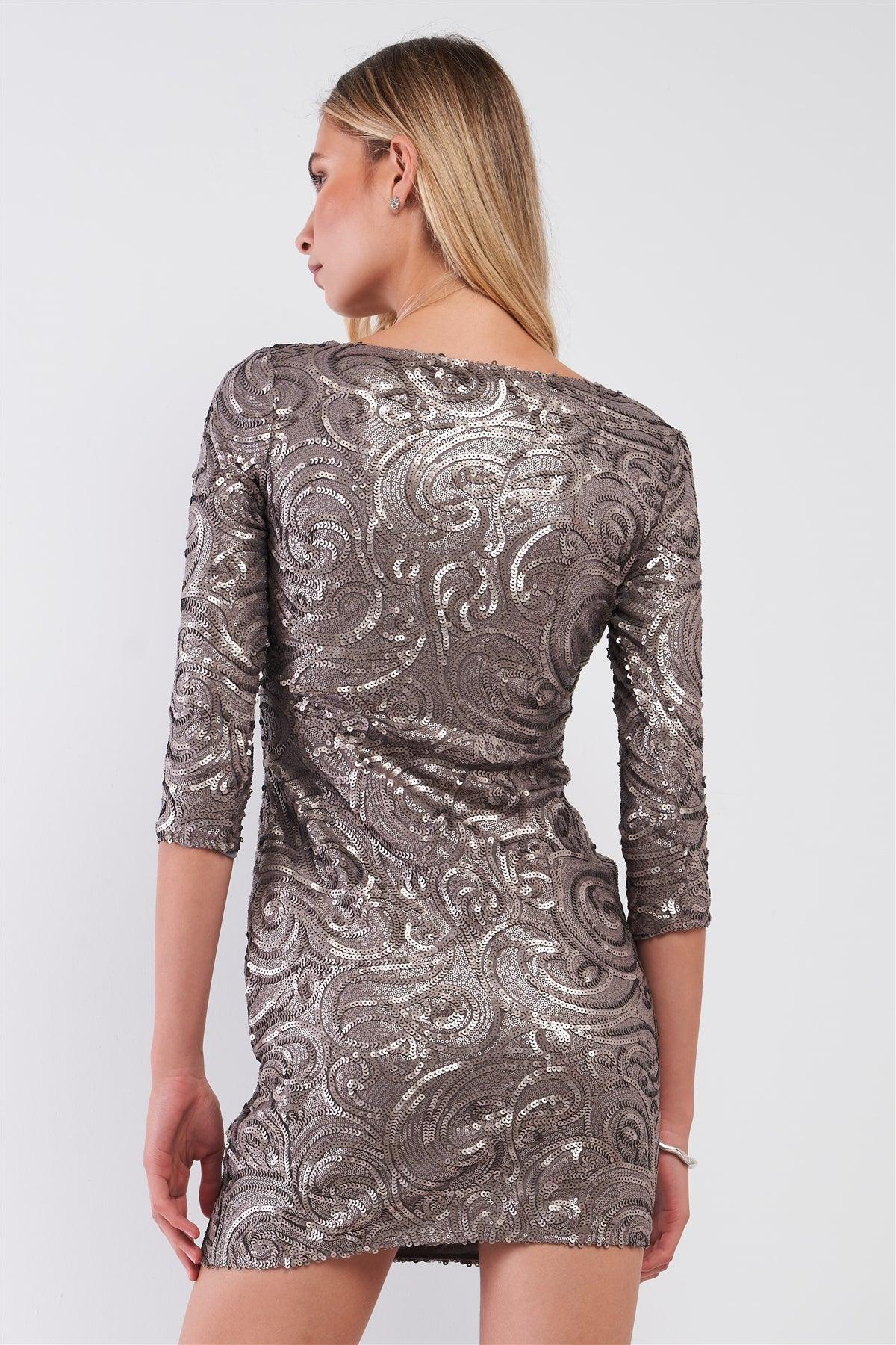 Ancient Gold Sequin Embroidery Fitted Mini Dress