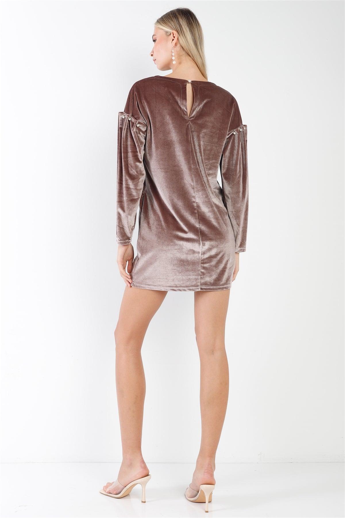 Cocoa Velvet Long Sleeve Pearl Detail Mini Dress