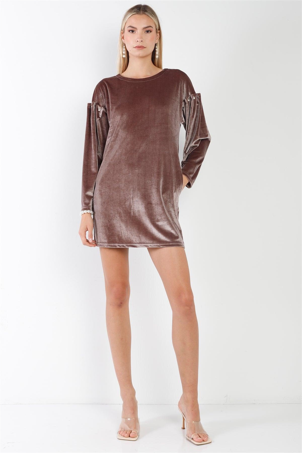 Cocoa Velvet Long Sleeve Pearl Detail Mini Dress