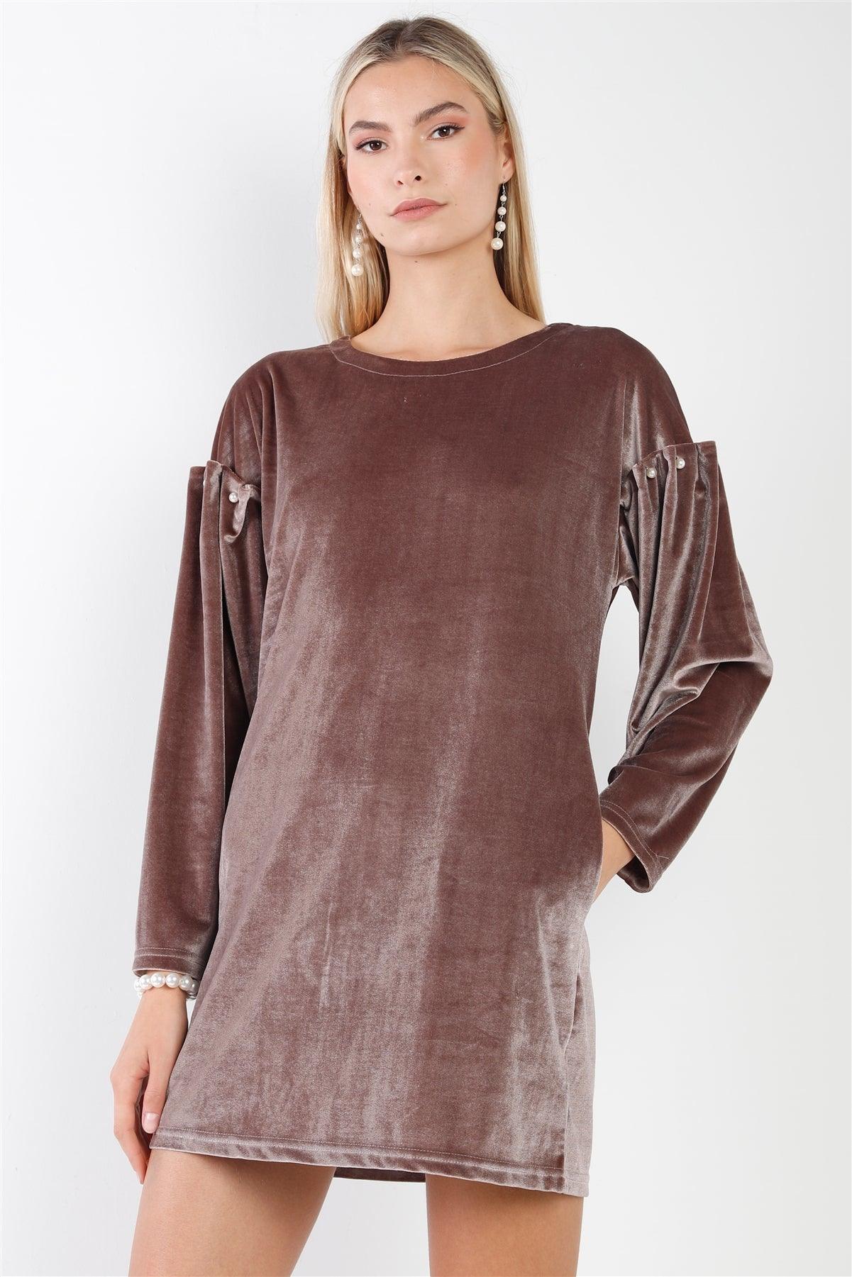 Cocoa Velvet Long Sleeve Pearl Detail Mini Dress