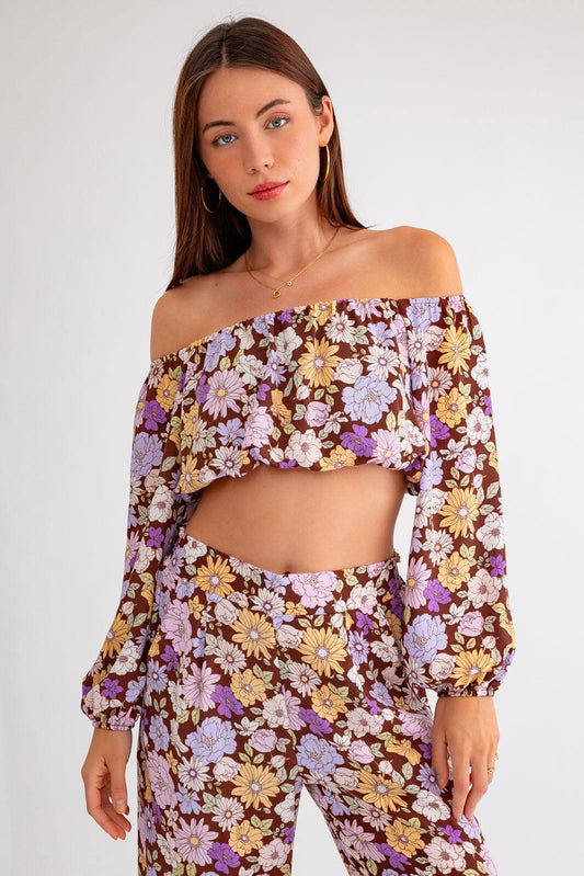 Floral Long Sleeve Crop Top & Wide Leg Pants Set